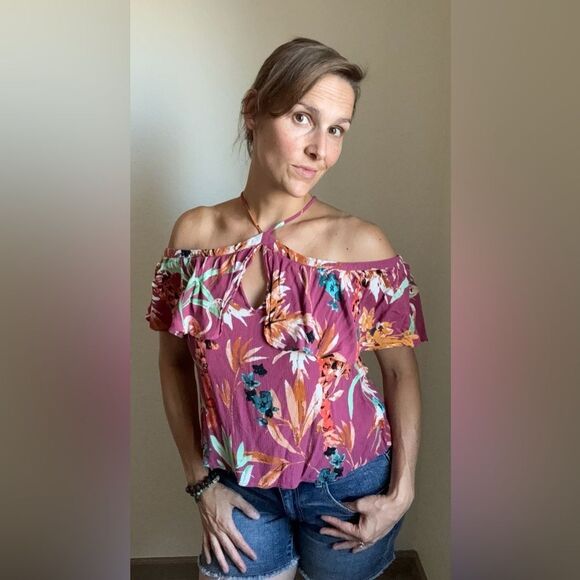Express Top Floral Off Shoulder Tropical Ruffle Hawaiian Pink Purple - Picture 1 of 13